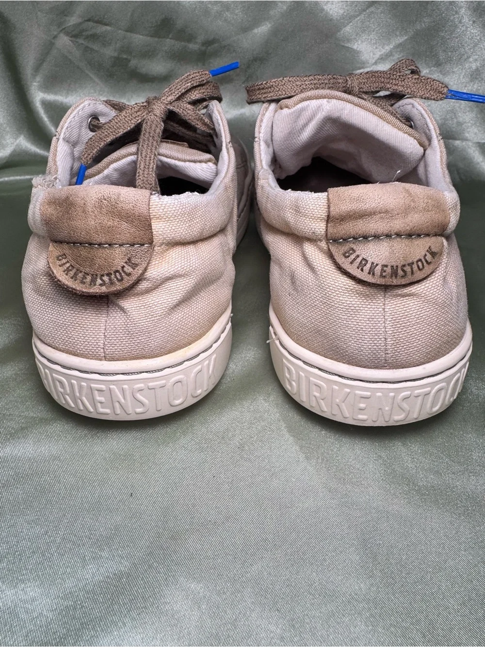 Birkenstock Vintage Canvas Lace Up Sneakers Tan Cream Blue Logo Tread EU 37 US 6
